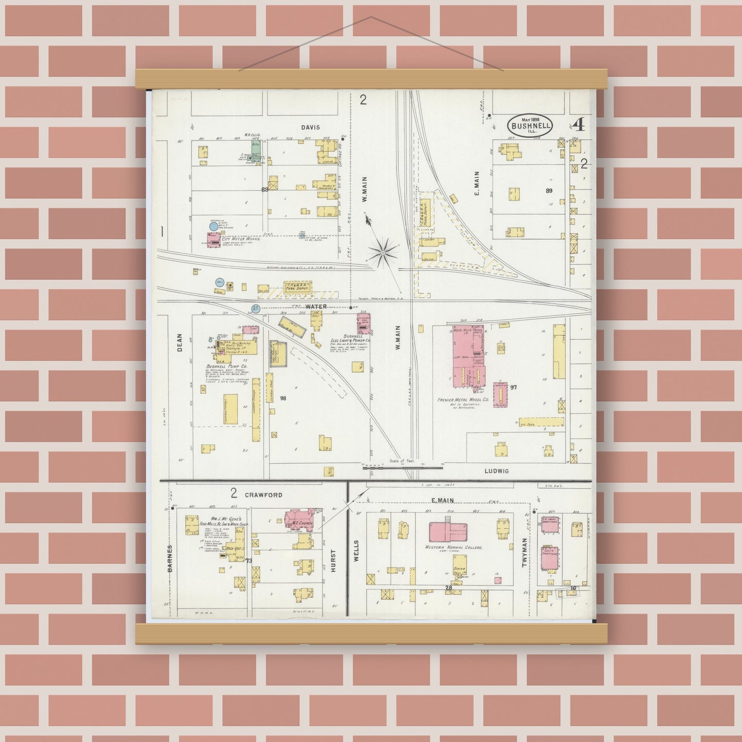 Old map wall art mockup — magnetic wood frame on brick wall — Sanborn Fire Insurance Map from Bushnell, Mcdonough County, Illinois (1898), Sheet #0004