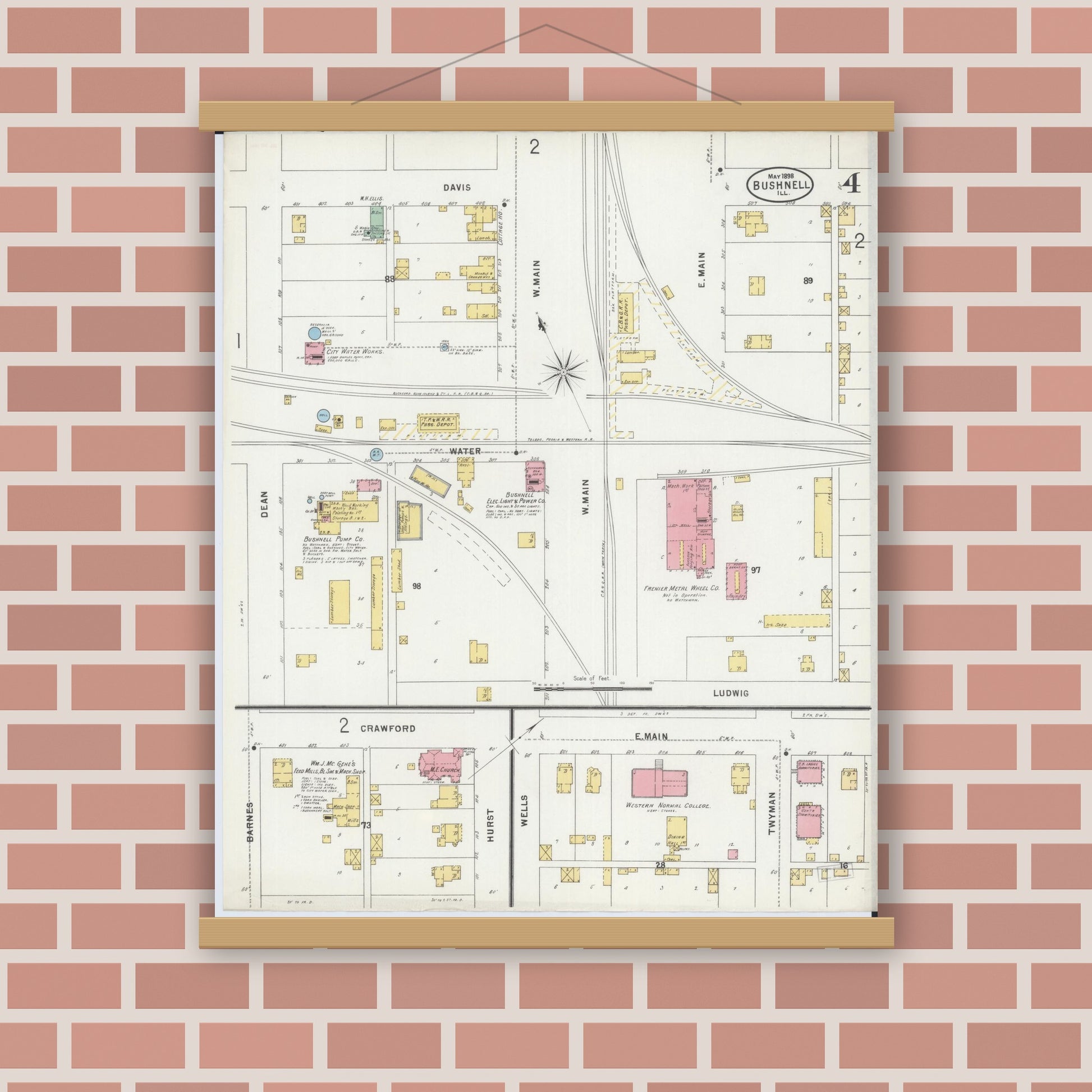 Old map wall art mockup — magnetic wood frame on brick wall — Sanborn Fire Insurance Map from Bushnell, Mcdonough County, Illinois (1898), Sheet #0004