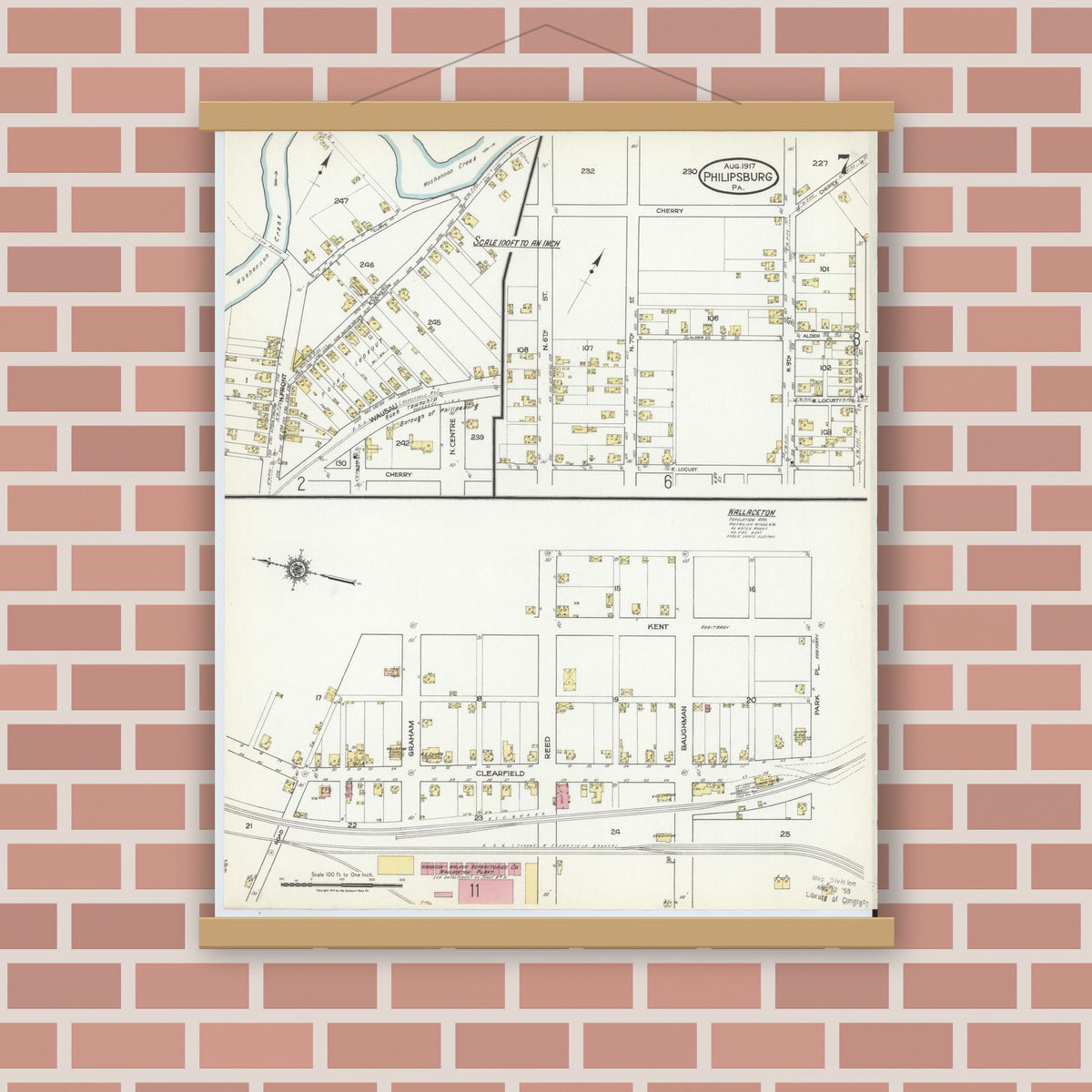 Old map wall art mockup — magnetic wood frame on brick wall — Sanborn Fire Insurance Map from Philipsburg, Centre County, Pennsylvania (1917), Sheet #0007