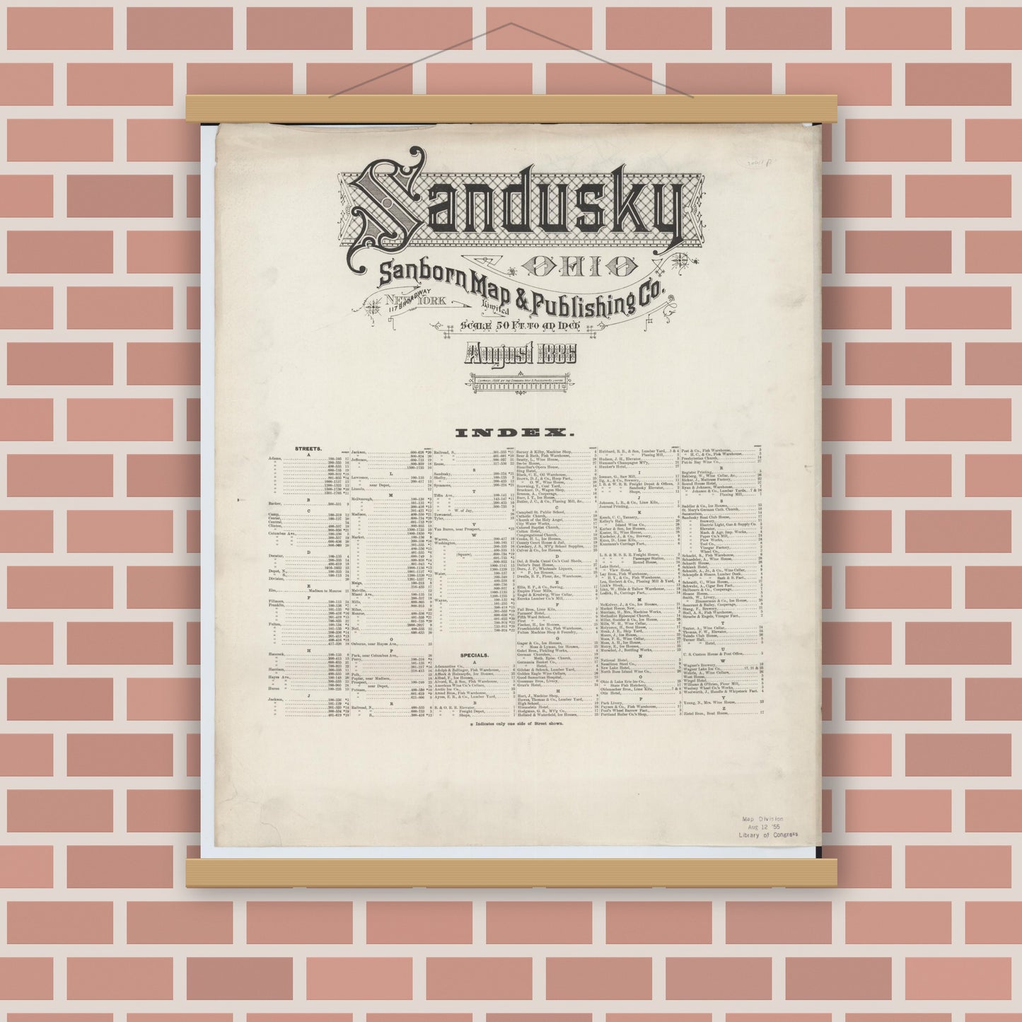 Old map wall art mockup — magnetic wood frame on brick wall — Sanborn Fire Insurance Map from Sandusky, Erie County, Ohio (1886), Sheet #0001