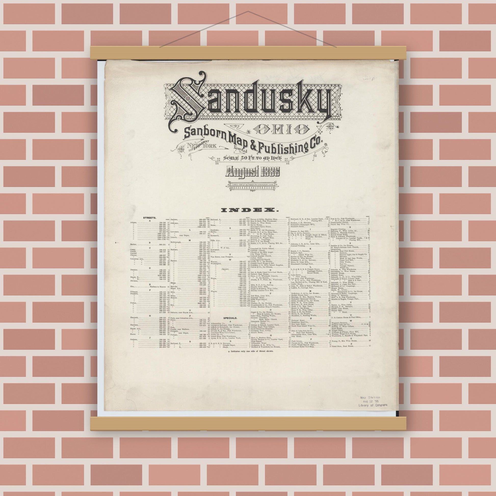 Old map wall art mockup — magnetic wood frame on brick wall — Sanborn Fire Insurance Map from Sandusky, Erie County, Ohio (1886), Sheet #0001