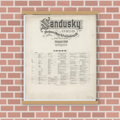 Old map wall art mockup — magnetic wood frame on brick wall — Sanborn Fire Insurance Map from Sandusky, Erie County, Ohio (1886), Sheet #0001
