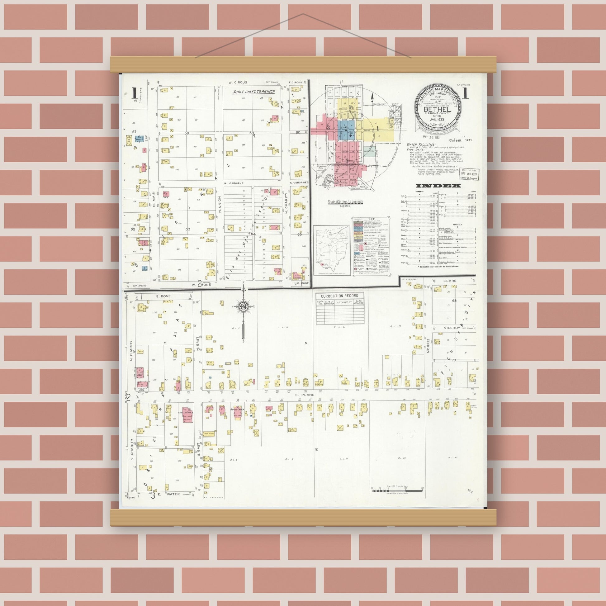 Old map wall art mockup — magnetic wood frame on brick wall — Sanborn Fire Insurance Map from Bethel, Clermont County, Ohio (1933), Sheet #0001