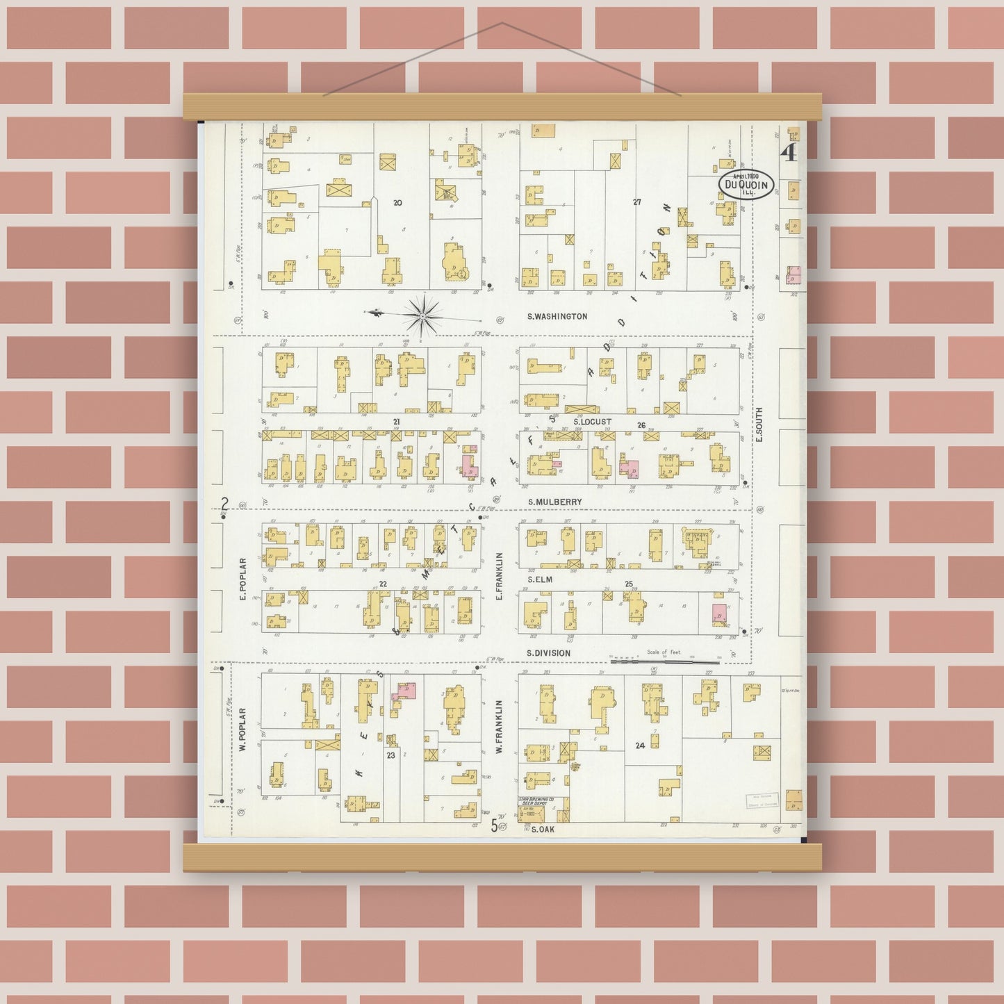 Old map wall art mockup — magnetic wood frame on brick wall — Sanborn Fire Insurance Map from Du Quoin, Perry County, Illinois (1900), Sheet #0004