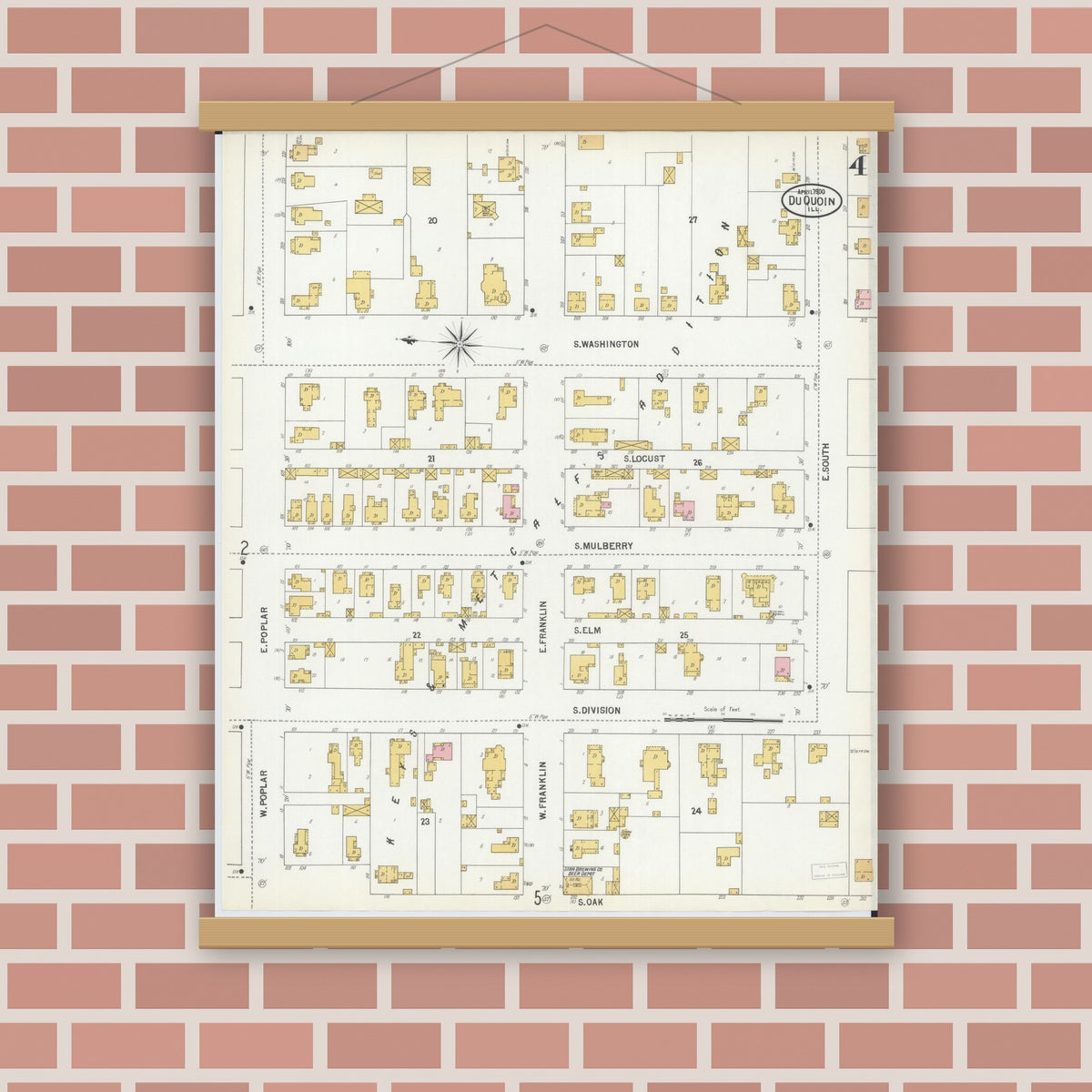 Old map wall art mockup — magnetic wood frame on brick wall — Sanborn Fire Insurance Map from Du Quoin, Perry County, Illinois (1900), Sheet #0004