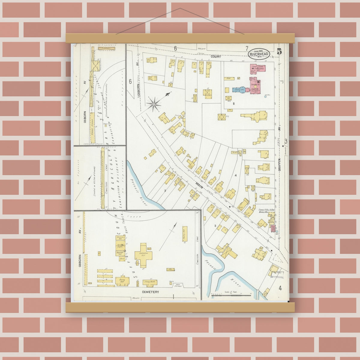 Old map wall art mockup — magnetic wood frame on brick wall — Sanborn Fire Insurance Map from Riverhead, Suffolk County, New York (1902), Sheet #0005