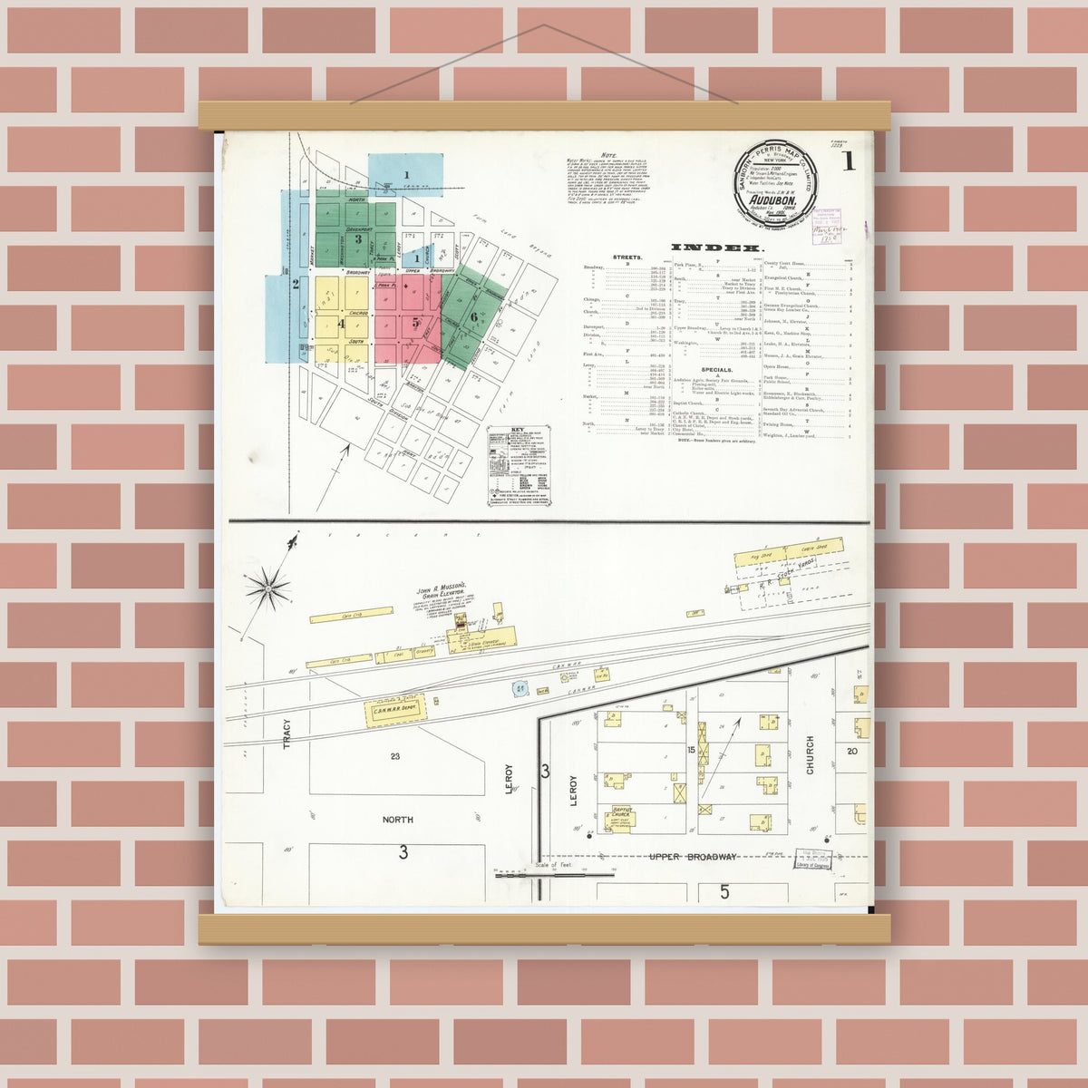 Old map wall art mockup — magnetic wood frame on brick wall — Sanborn Fire Insurance Map from Audubon, Audubon County, Iowa (1901) â€” Complete Set