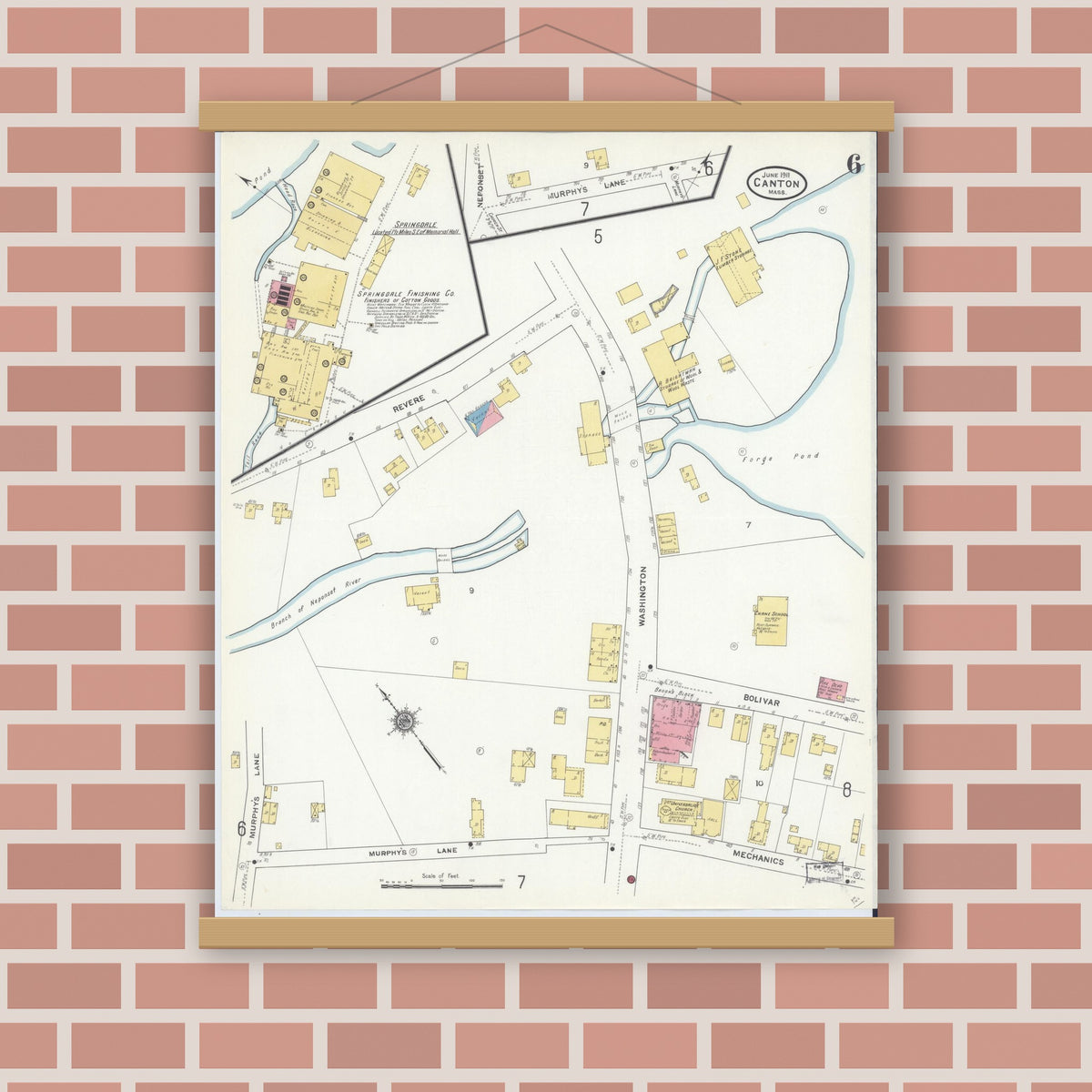 Old map wall art mockup — magnetic wood frame on brick wall — Sanborn Fire Insurance Map from Canton, Norfolk County, Massachusetts (1911), Sheet #0006