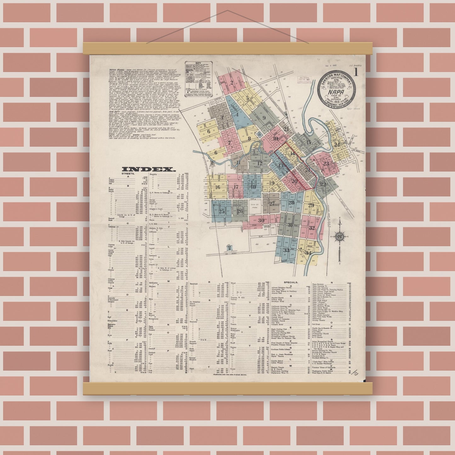Old map wall art mockup — magnetic wood frame on brick wall — Sanborn Fire Insurance Map from Napa, Napa County, California (1910) - Complete Map Set