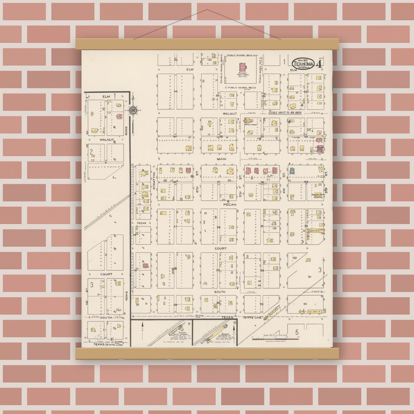 Old map wall art mockup — magnetic wood frame on brick wall — Sanborn Fire Insurance Map from Texhoma, Texas County, Oklahoma and Sherman County, Texas, Texas (1922), Sheet #0004