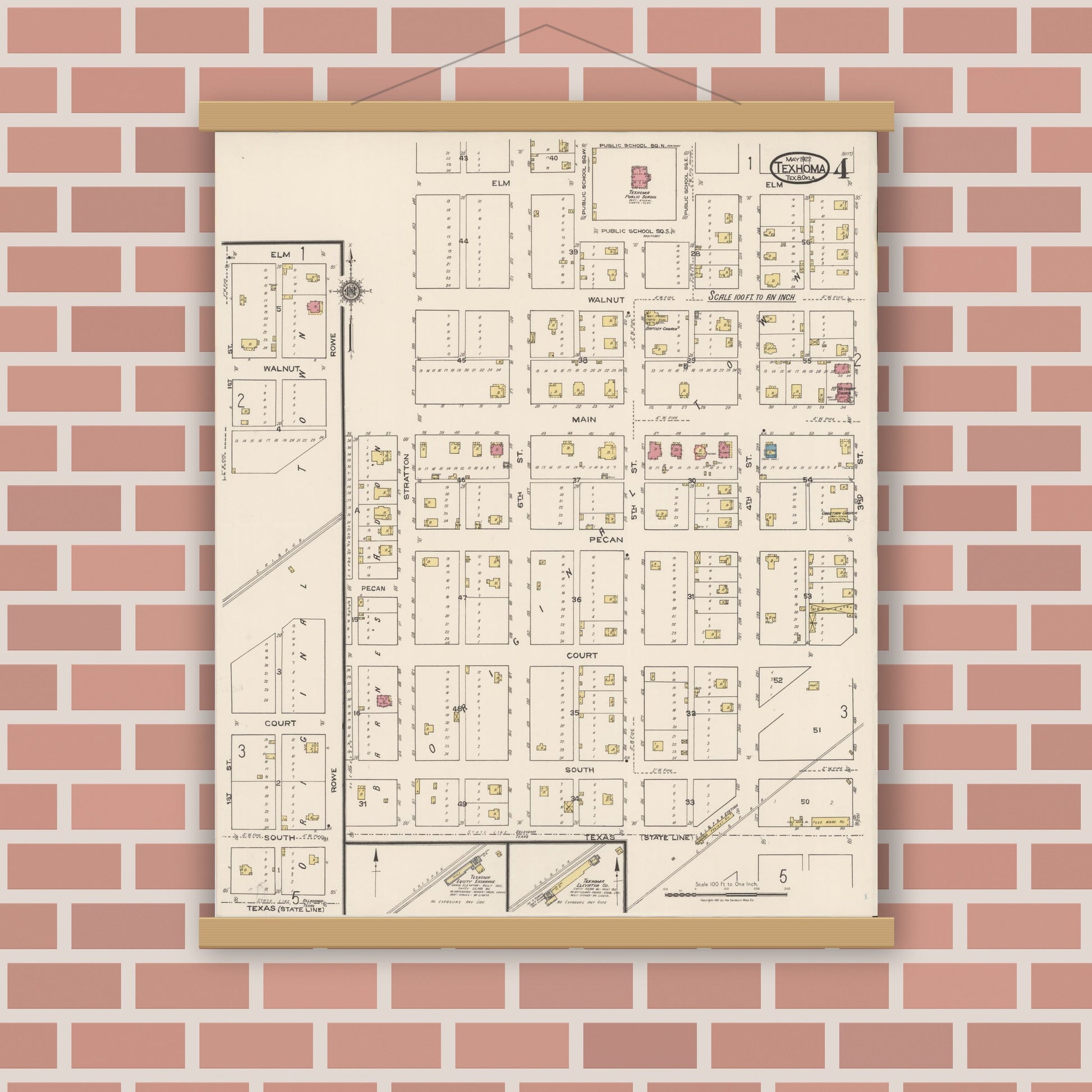 Old map wall art mockup — magnetic wood frame on brick wall — Sanborn Fire Insurance Map from Texhoma, Texas County, Oklahoma and Sherman County, Texas, Texas (1922), Sheet #0004