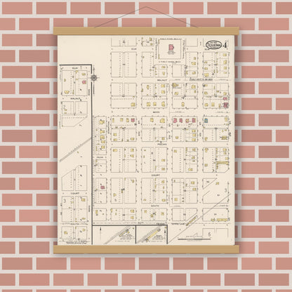 Old map wall art mockup — magnetic wood frame on brick wall — Sanborn Fire Insurance Map from Texhoma, Texas County, Oklahoma and Sherman County, Texas, Texas (1922), Sheet #0004