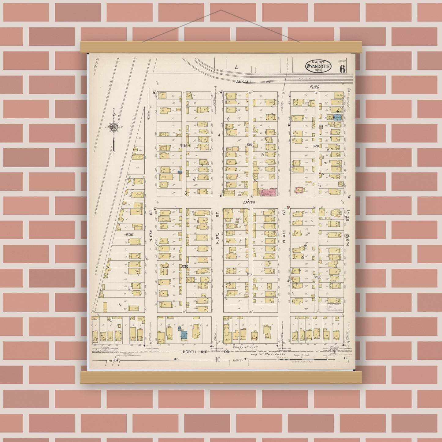 Old map wall art mockup — magnetic wood frame on brick wall — Sanborn Fire Insurance Map from Wyandotte, Wayne County, Michigan (1922), Sheet #0006