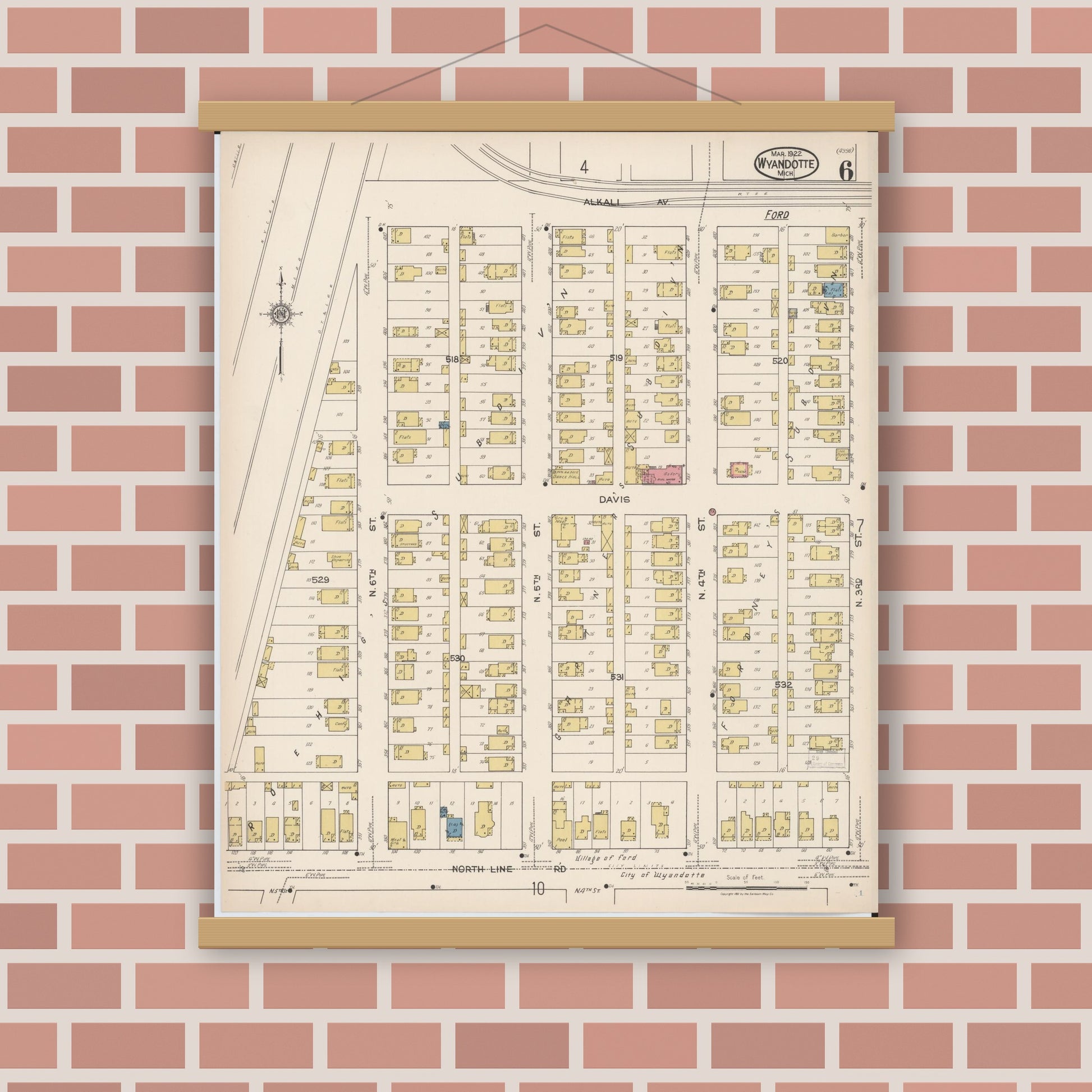 Old map wall art mockup — magnetic wood frame on brick wall — Sanborn Fire Insurance Map from Wyandotte, Wayne County, Michigan (1922), Sheet #0006
