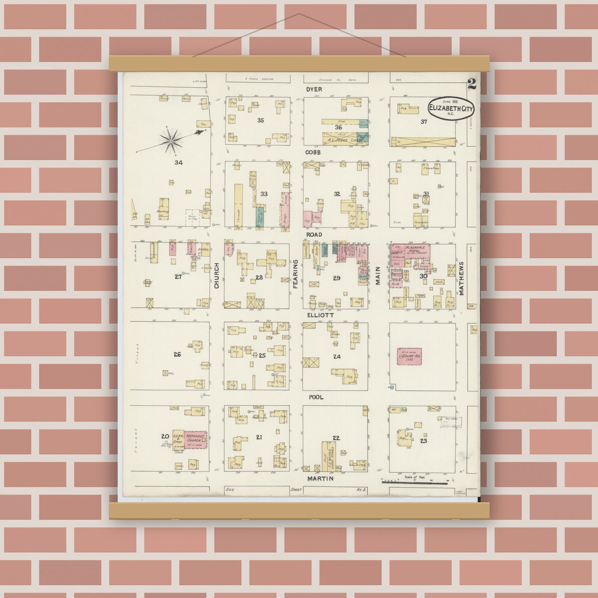 Old map wall art mockup — magnetic wood frame on brick wall — Sanborn Fire Insurance Map from Elizabeth City, Pasquotank County, North Carolina (1891), Sheet #0002