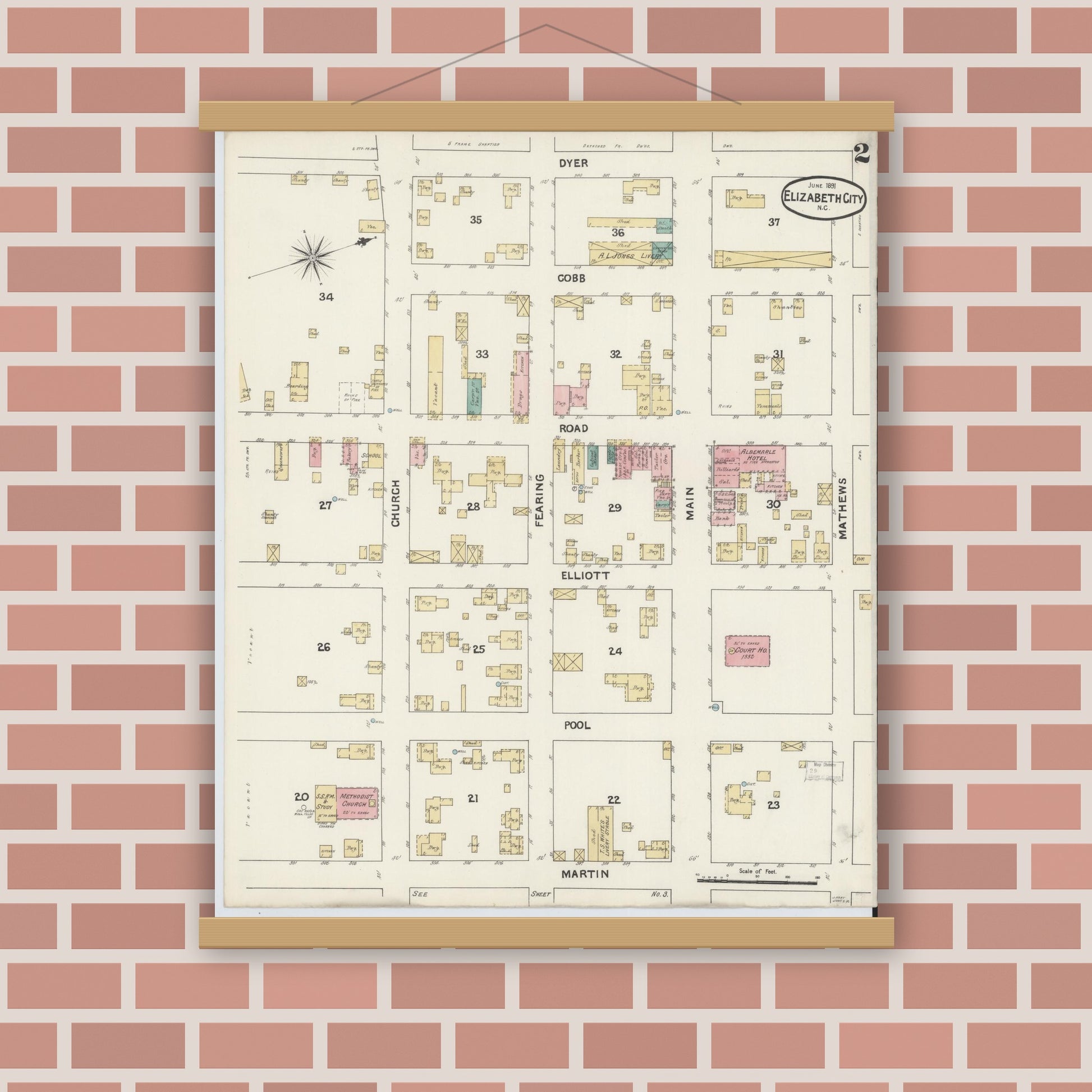 Old map wall art mockup — magnetic wood frame on brick wall — Sanborn Fire Insurance Map from Elizabeth City, Pasquotank County, North Carolina (1891), Sheet #0002