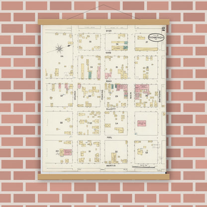 Old map wall art mockup — magnetic wood frame on brick wall — Sanborn Fire Insurance Map from Elizabeth City, Pasquotank County, North Carolina (1891), Sheet #0002