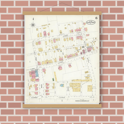 Old map wall art mockup — magnetic wood frame on brick wall — Sanborn Fire Insurance Map from Kennett Square, Chester County, Pennsylvania (1908), Sheet #0006