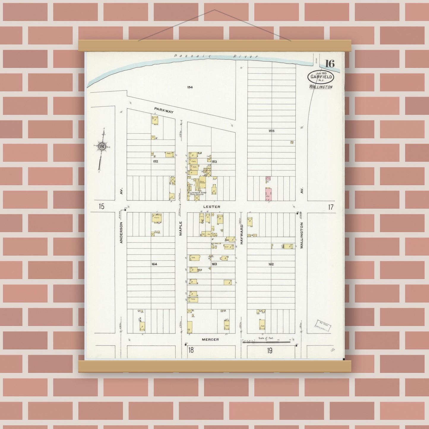 Old map wall art mockup — magnetic wood frame on brick wall — Sanborn Fire Insurance Map from Garfield, Bergen County, New Jersey (1910), Sheet #0016