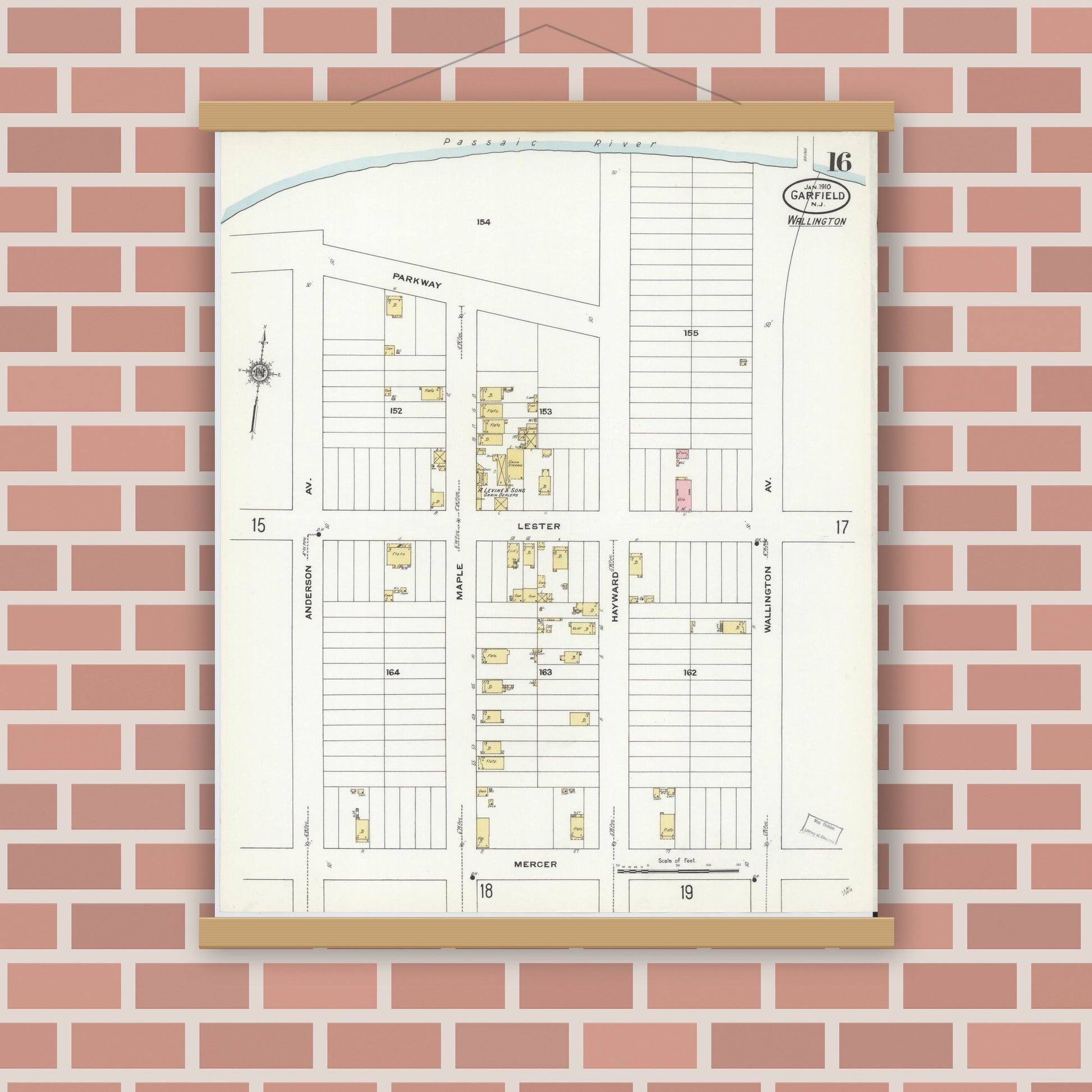 Old map wall art mockup — magnetic wood frame on brick wall — Sanborn Fire Insurance Map from Garfield, Bergen County, New Jersey (1910), Sheet #0016