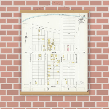 Old map wall art mockup — magnetic wood frame on brick wall — Sanborn Fire Insurance Map from Garfield, Bergen County, New Jersey (1910), Sheet #0016