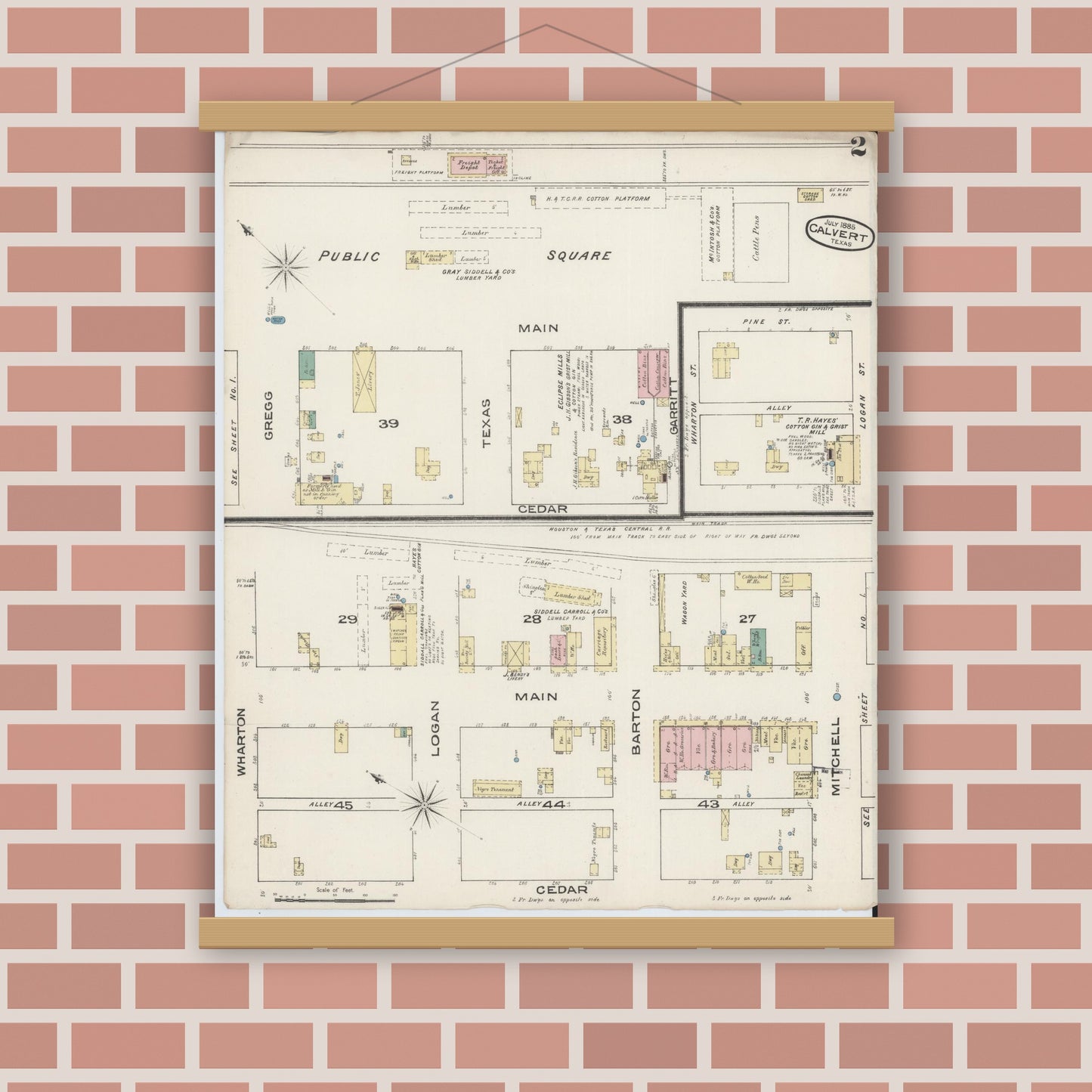 Old map wall art mockup — magnetic wood frame on brick wall — Sanborn Fire Insurance Map from Calvert, Robertson County, Texas (1885), Sheet #0002