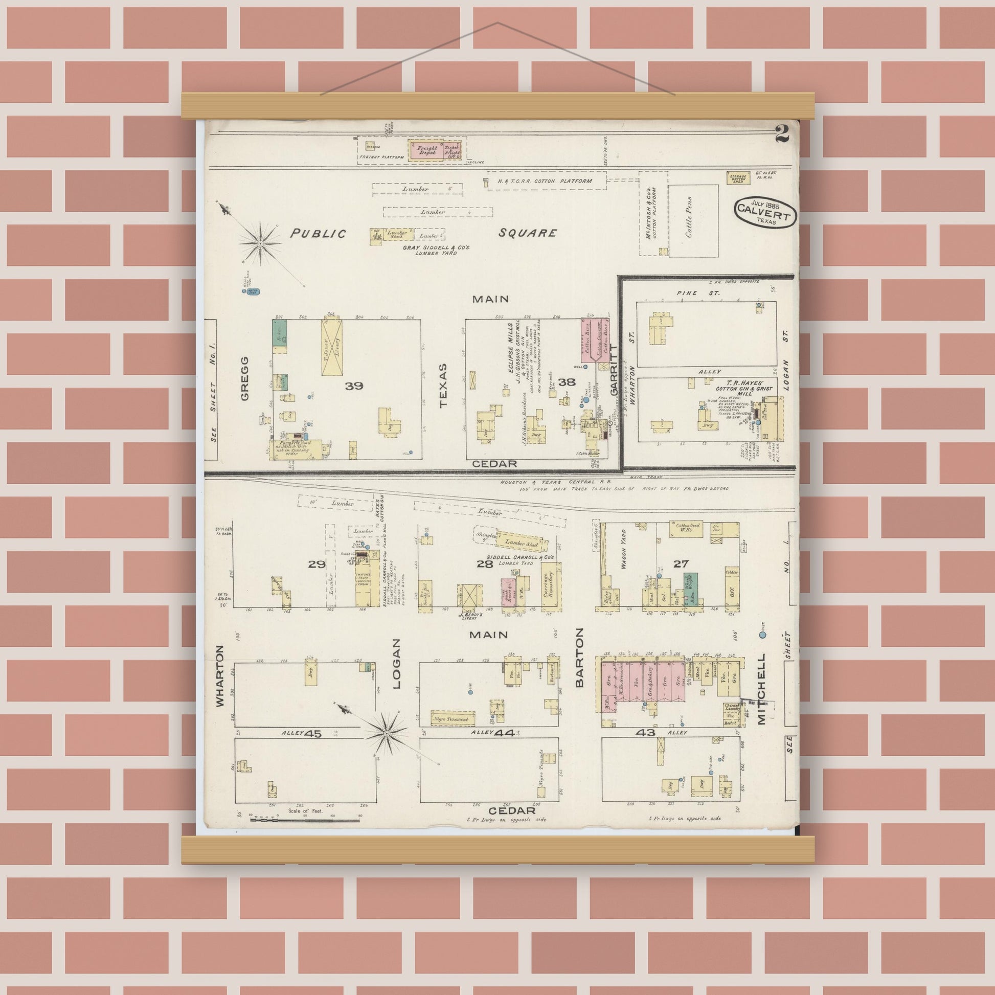 Old map wall art mockup — magnetic wood frame on brick wall — Sanborn Fire Insurance Map from Calvert, Robertson County, Texas (1885), Sheet #0002