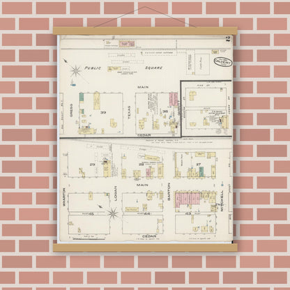 Old map wall art mockup — magnetic wood frame on brick wall — Sanborn Fire Insurance Map from Calvert, Robertson County, Texas (1885), Sheet #0002