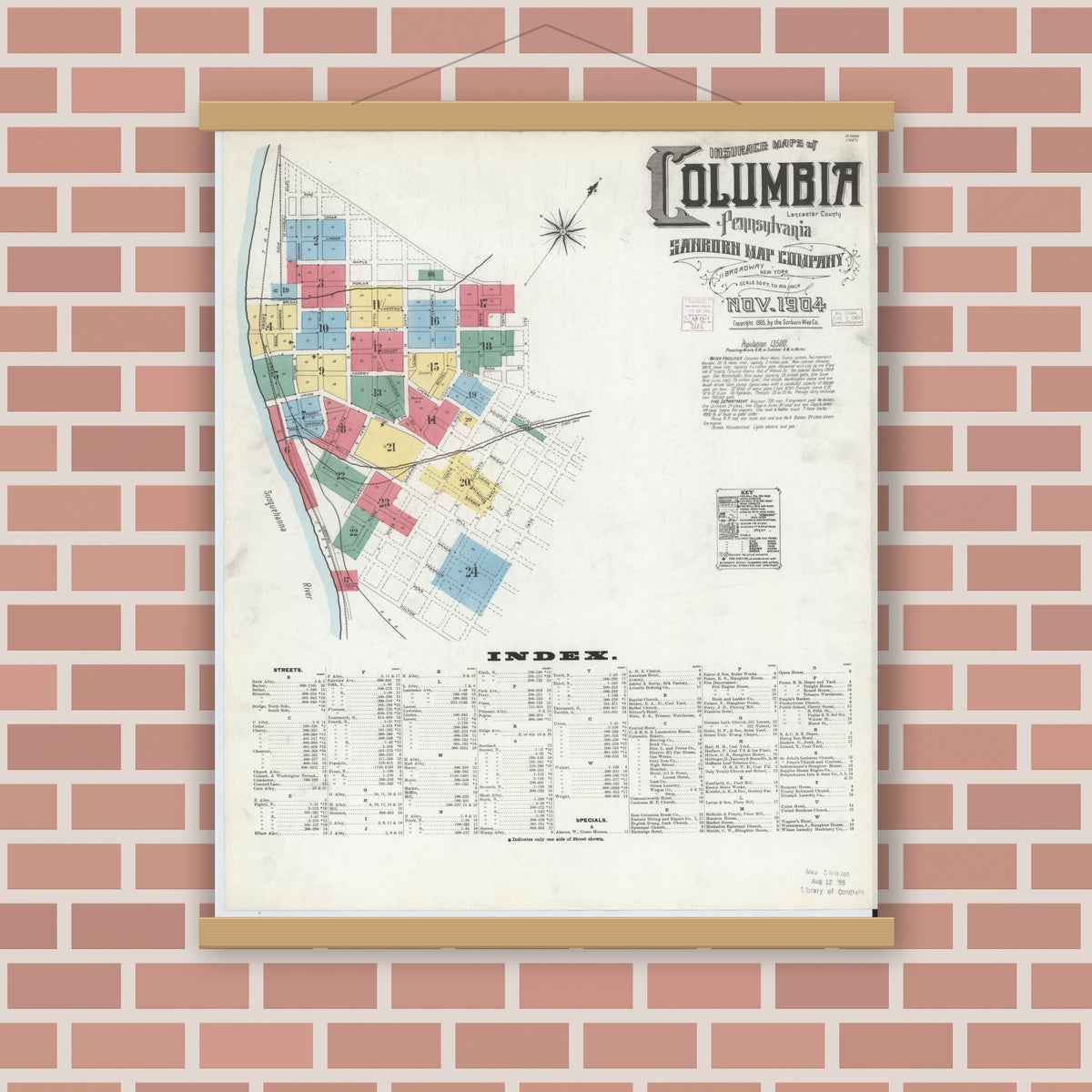 Old map wall art mockup — magnetic wood frame on brick wall — Sanborn Fire Insurance Map from Columbia, Lancaster County, Pennsylvania (1904) - Complete Map Set