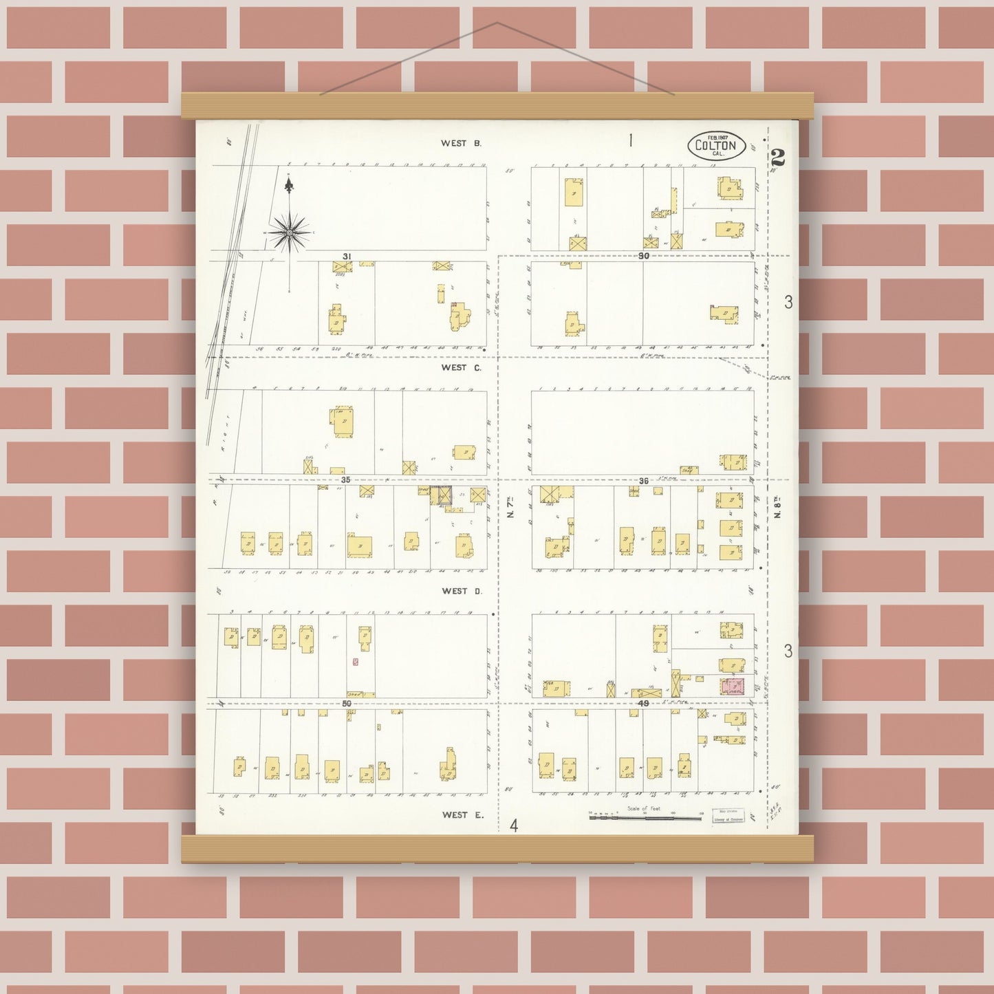 Old map wall art mockup — magnetic wood frame on brick wall — Sanborn Fire Insurance Map from Colton, San Bernardino County, California (1907), Sheet #0002