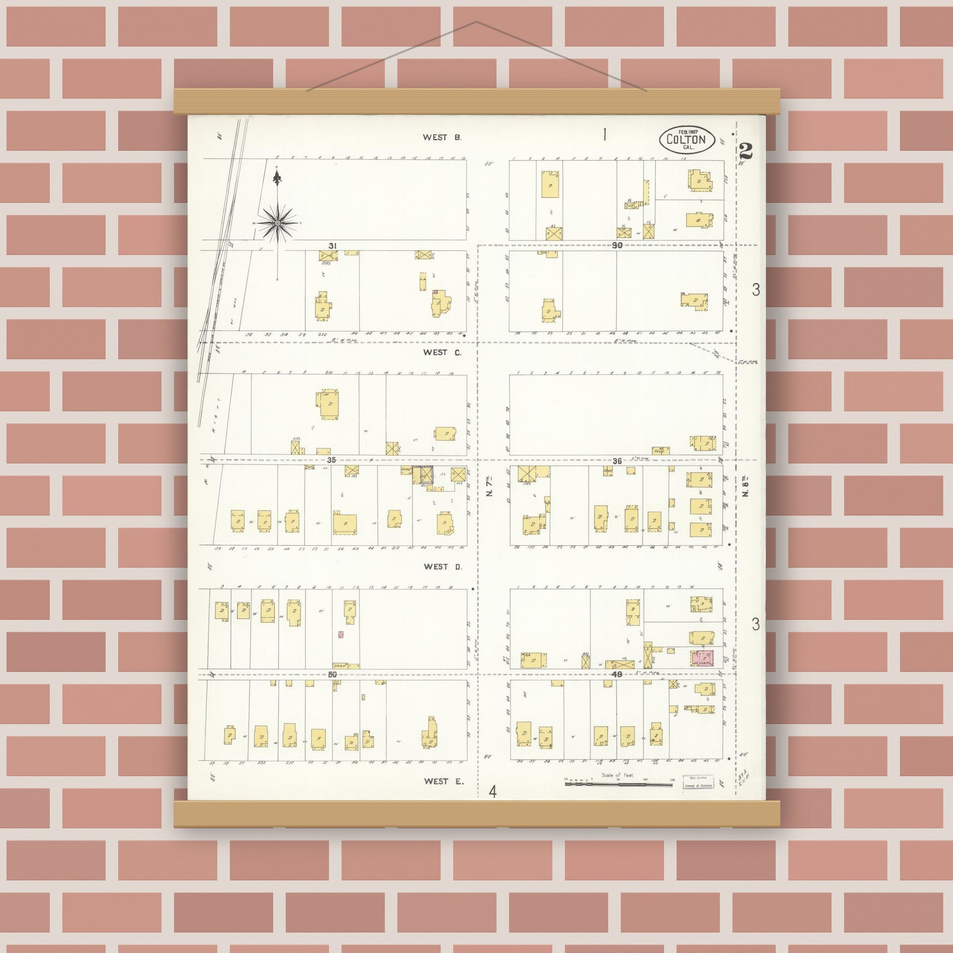 Old map wall art mockup — magnetic wood frame on brick wall — Sanborn Fire Insurance Map from Colton, San Bernardino County, California (1907), Sheet #0002