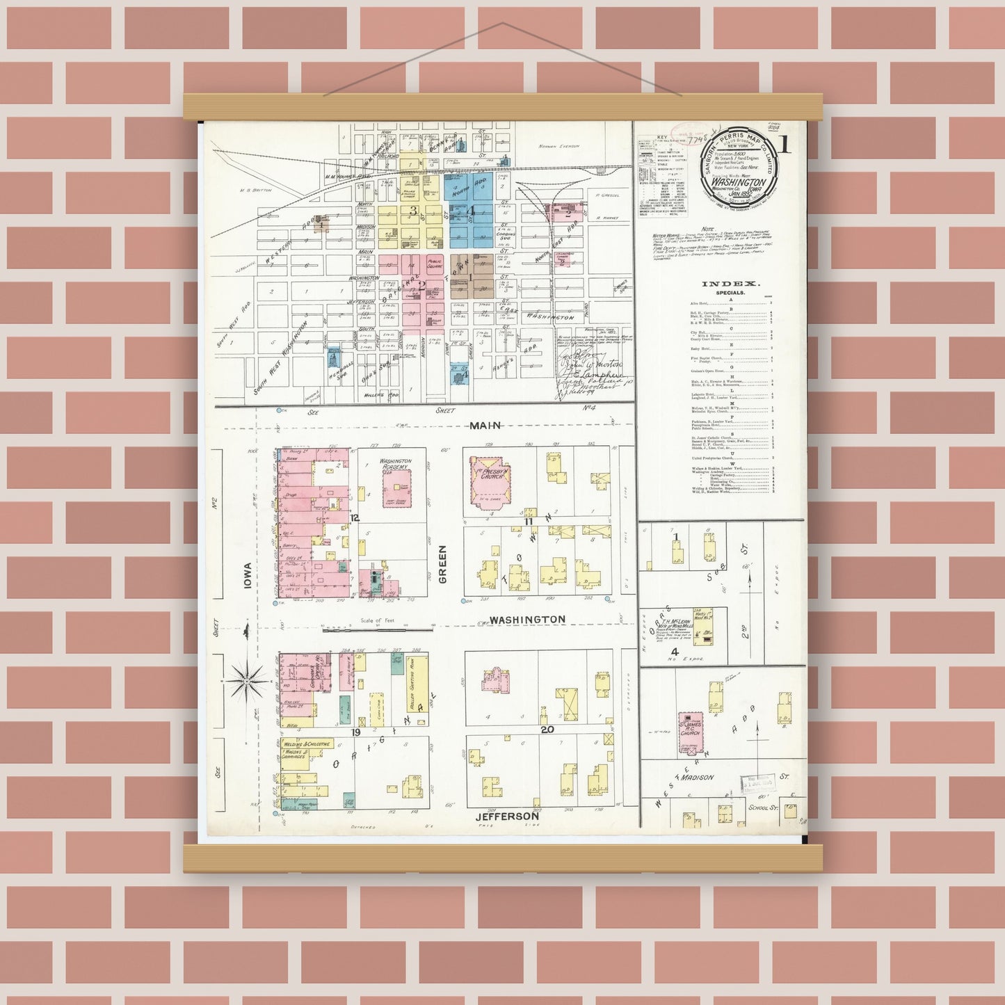 Old map wall art mockup — magnetic wood frame on brick wall — Sanborn Fire Insurance Map from Washington, Washington County, Iowa (1892) â€” Complete Set