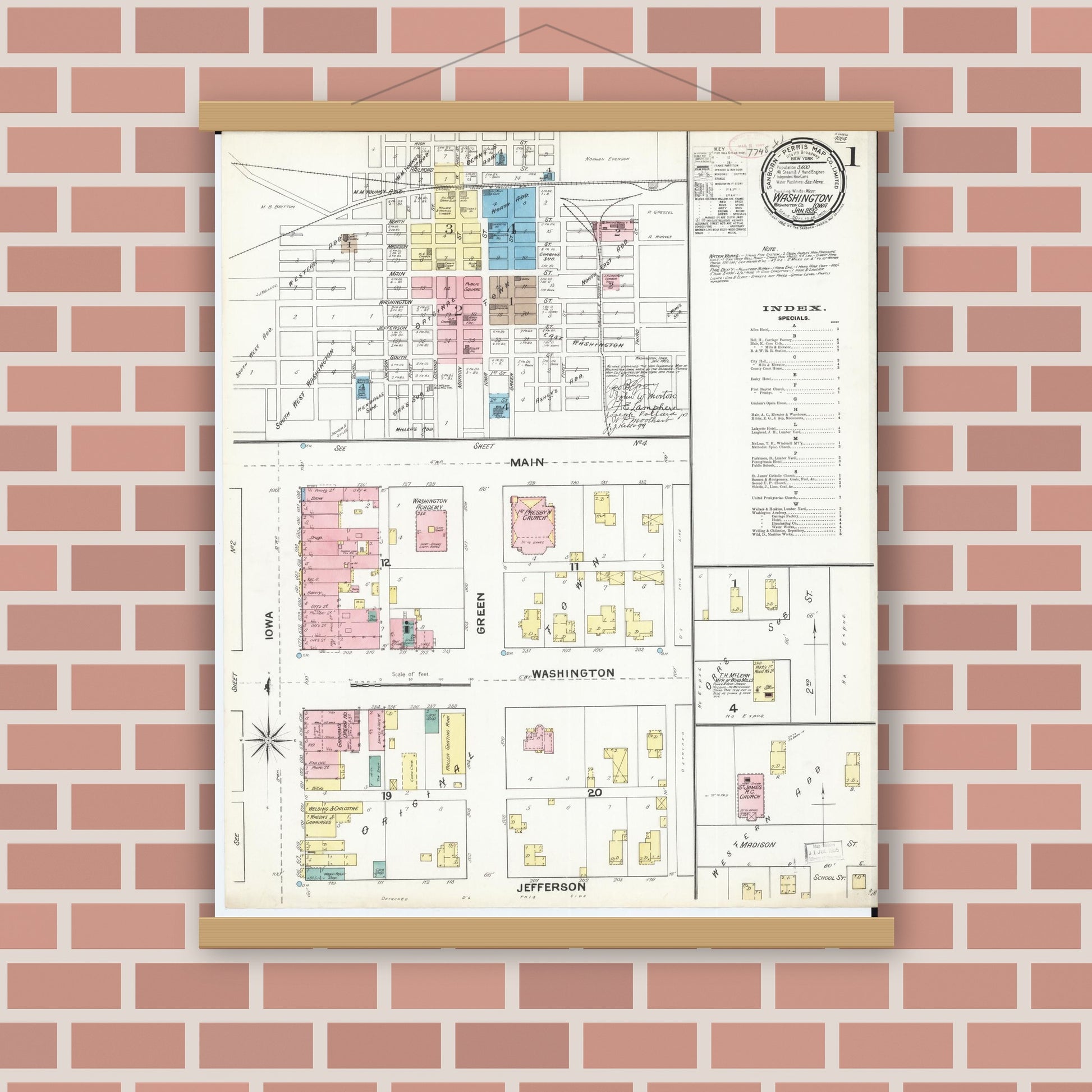 Old map wall art mockup — magnetic wood frame on brick wall — Sanborn Fire Insurance Map from Washington, Washington County, Iowa (1892) â€” Complete Set