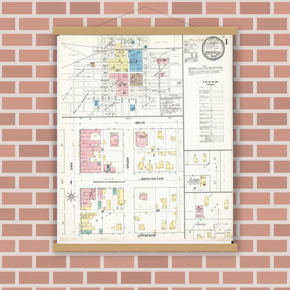 Old map wall art mockup — magnetic wood frame on brick wall — Sanborn Fire Insurance Map from Washington, Washington County, Iowa (1892) â€” Complete Set