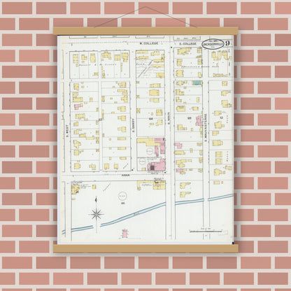 Old map wall art mockup — magnetic wood frame on brick wall — Sanborn Fire Insurance Map from Jacksonville, Morgan County, Illinois (1892), Sheet #0009