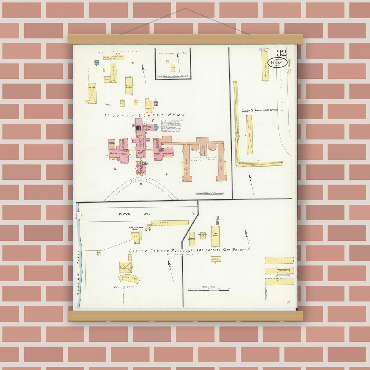 Old map wall art mockup — magnetic wood frame on brick wall — Sanborn Fire Insurance Map from Rome, Oneida County, New York (1909), Sheet #0032