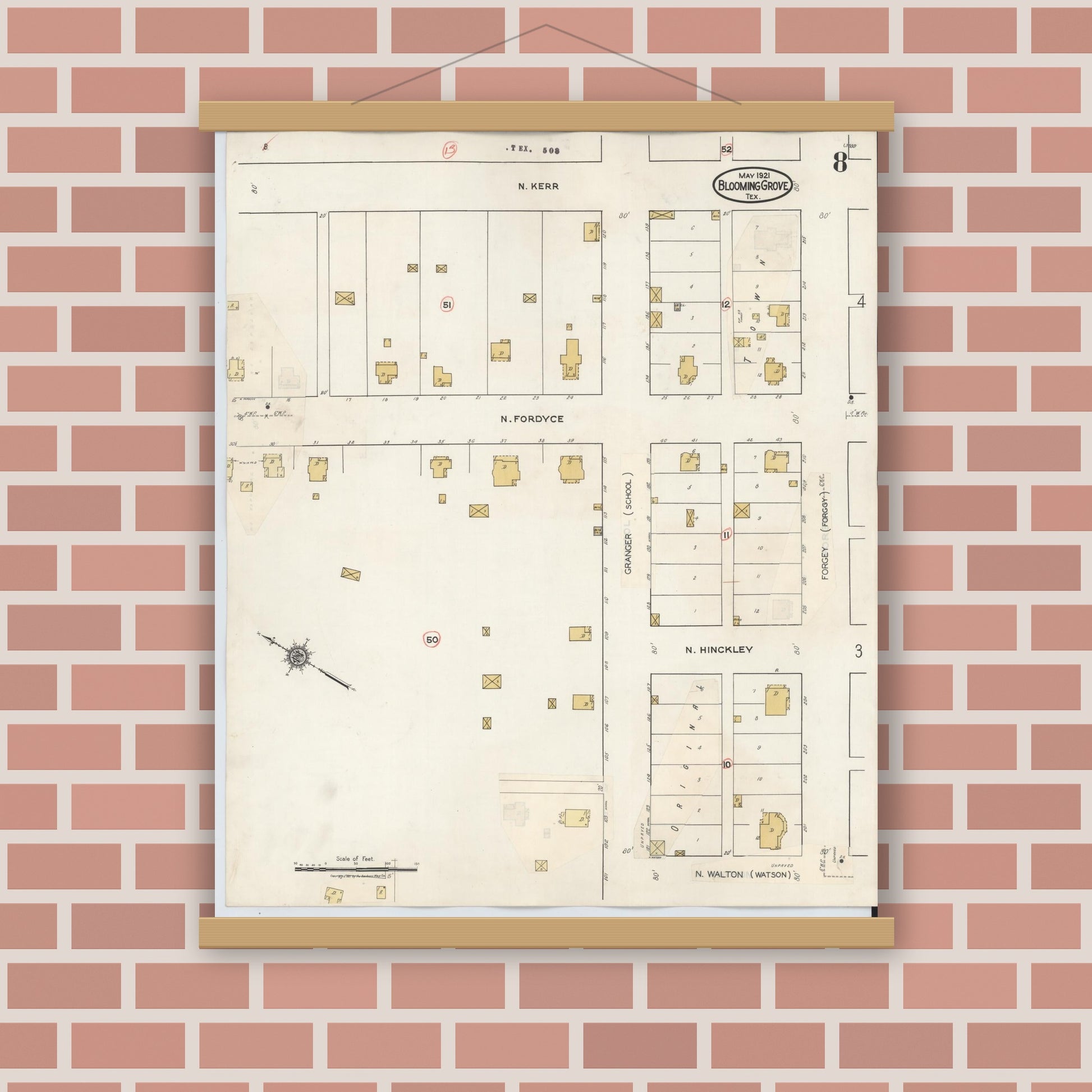 Old map wall art mockup — magnetic wood frame on brick wall — Sanborn Fire Insurance Map from Blooming Grove, Navarro County, Texas (1934), Sheet #0008