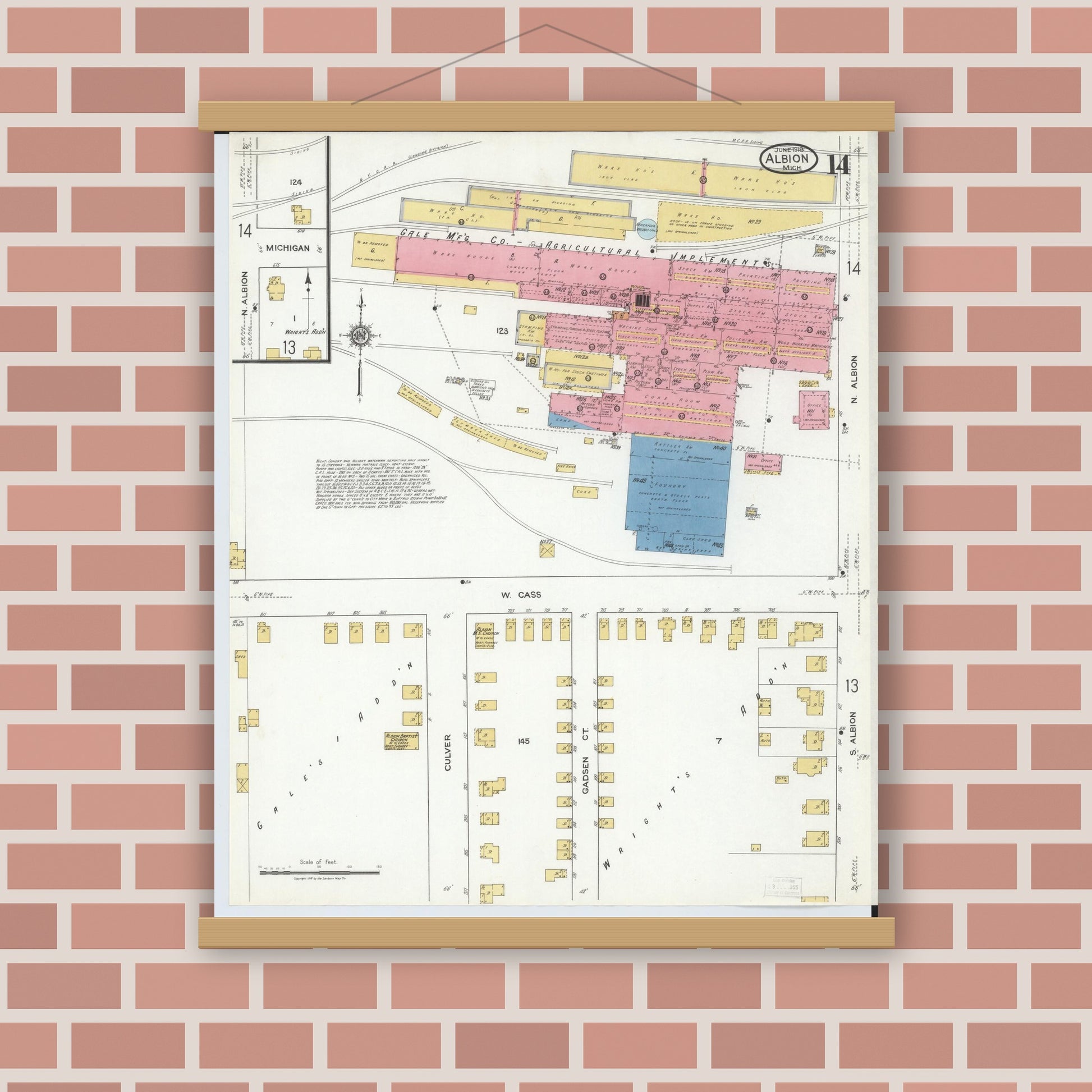 Old map wall art mockup — magnetic wood frame on brick wall — Sanborn Fire Insurance Map from Albion, Calhoun County, Michigan (1918), Sheet #0014
