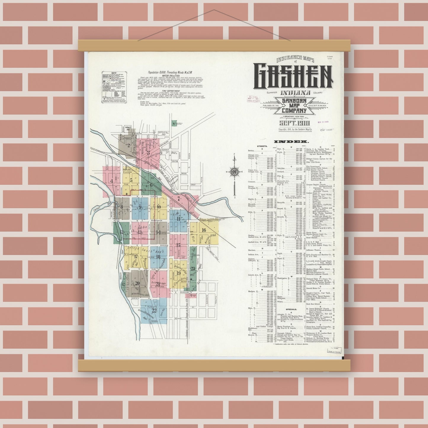 Old map wall art mockup — magnetic wood frame on brick wall — Sanborn Fire Insurance Map from Goshen, Elkhart County, Indiana (1910), Sheet #0001