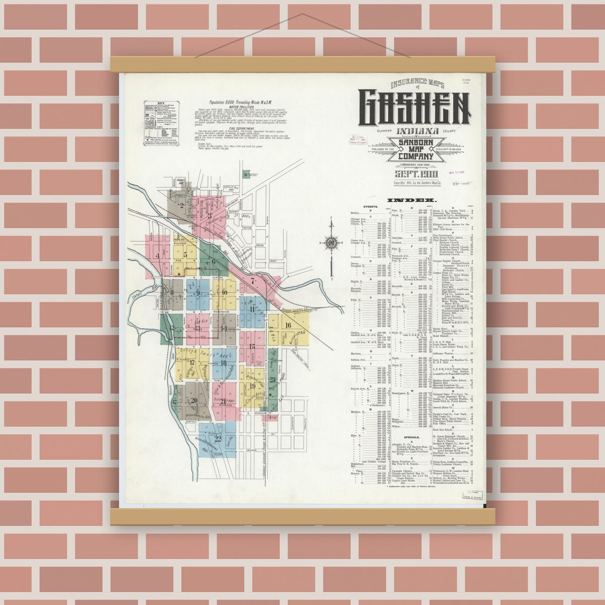 Old map wall art mockup — magnetic wood frame on brick wall — Sanborn Fire Insurance Map from Goshen, Elkhart County, Indiana (1910), Sheet #0001