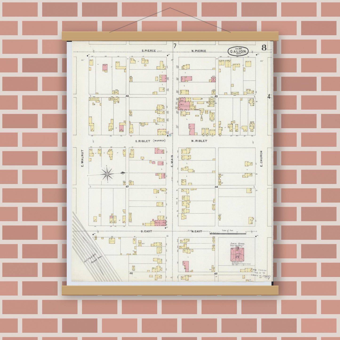 Old map wall art mockup — magnetic wood frame on brick wall — Sanborn Fire Insurance Map from Galion, Crawford County, Ohio (1897), Sheet #0008