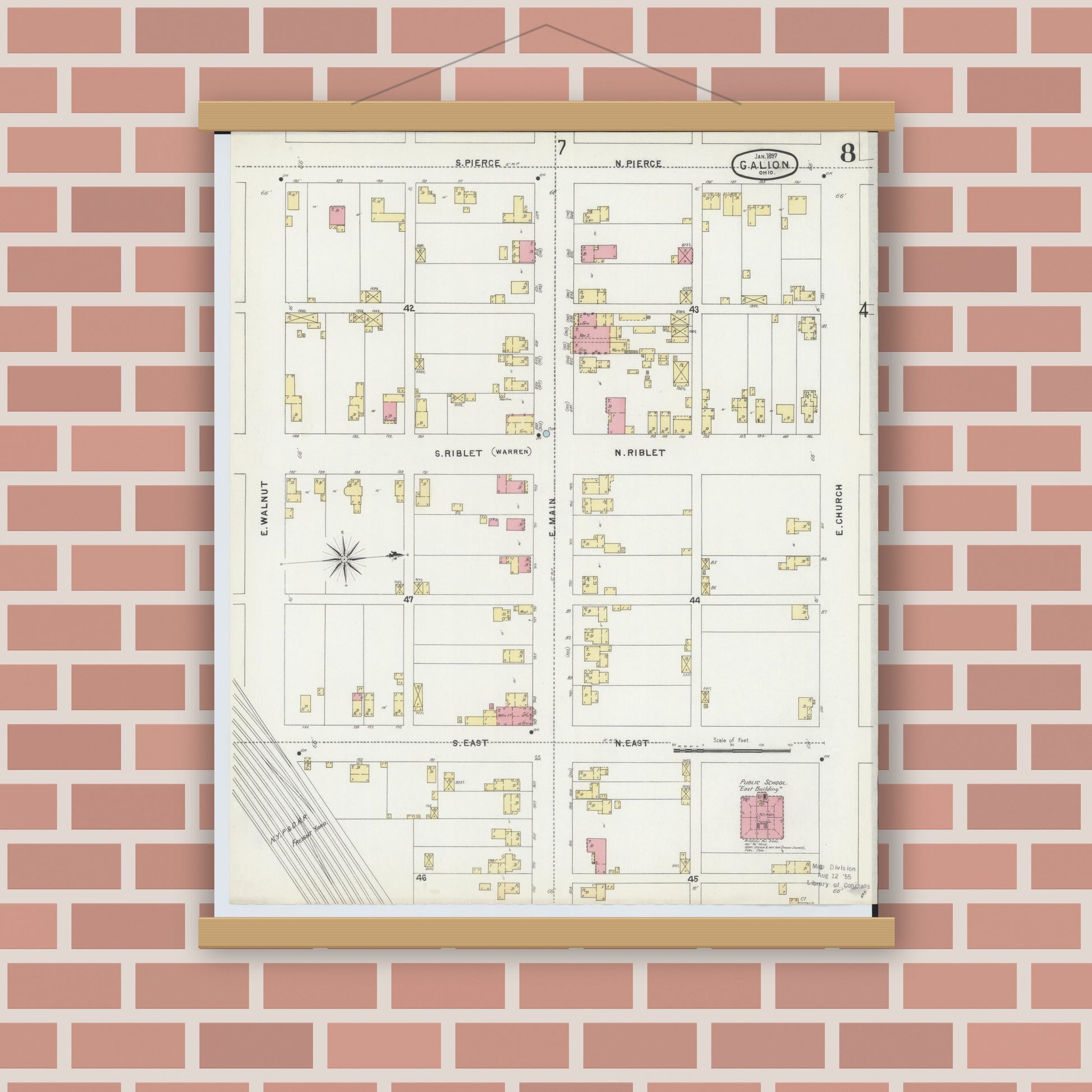 Old map wall art mockup — magnetic wood frame on brick wall — Sanborn Fire Insurance Map from Galion, Crawford County, Ohio (1897), Sheet #0008