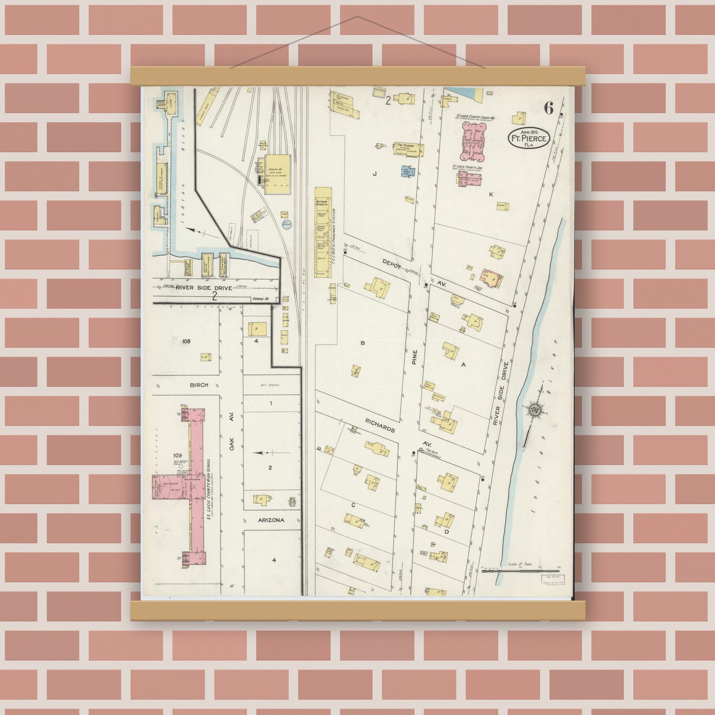 Old map wall art mockup — magnetic wood frame on brick wall — Sanborn Fire Insurance Map from Fort Pierce, St Lucie County, Florida (1915), Sheet #0006