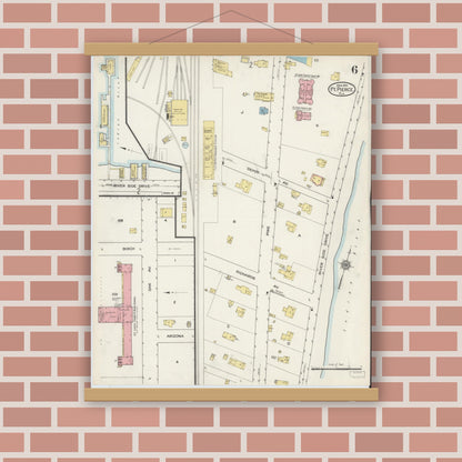 Old map wall art mockup — magnetic wood frame on brick wall — Sanborn Fire Insurance Map from Fort Pierce, St Lucie County, Florida (1915), Sheet #0006