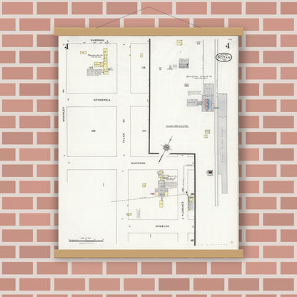 Old map wall art mockup — magnetic wood frame on brick wall — Sanborn Fire Insurance Map from Rotan, Fisher County, Texas (1925), Sheet #0004