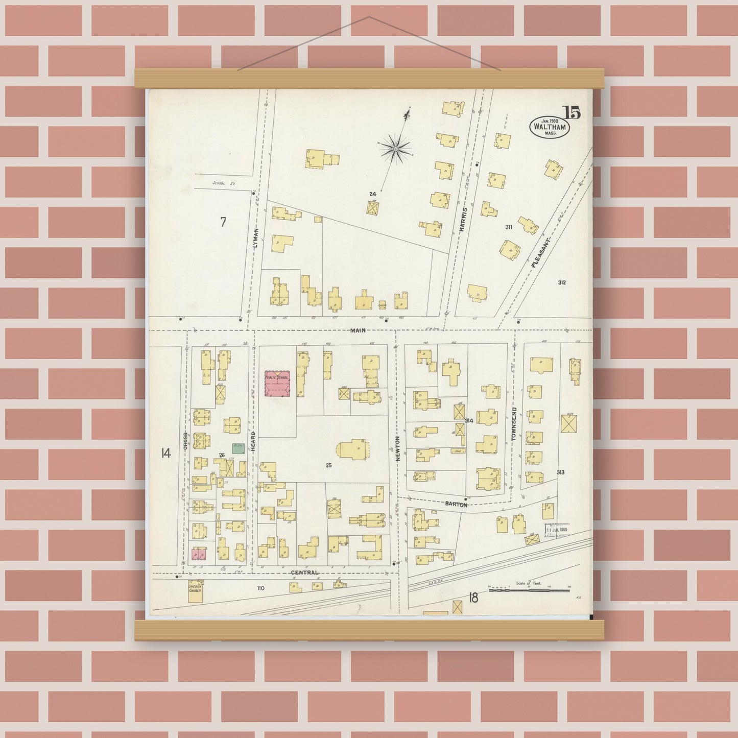 Old map wall art mockup — magnetic wood frame on brick wall — Sanborn Fire Insurance Map from Waltham, Middlesex County, Massachusetts (1903), Sheet #0015