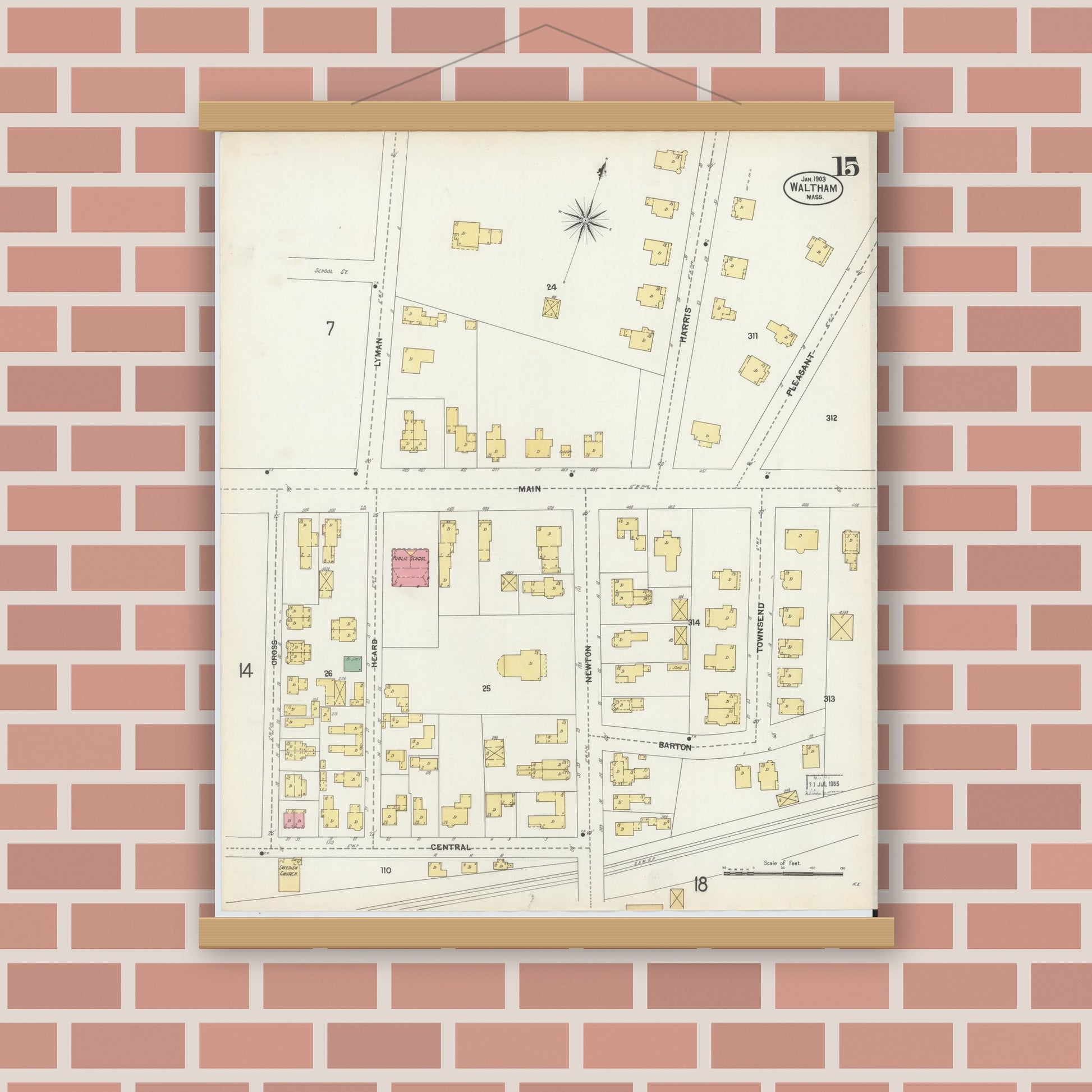 Old map wall art mockup — magnetic wood frame on brick wall — Sanborn Fire Insurance Map from Waltham, Middlesex County, Massachusetts (1903), Sheet #0015
