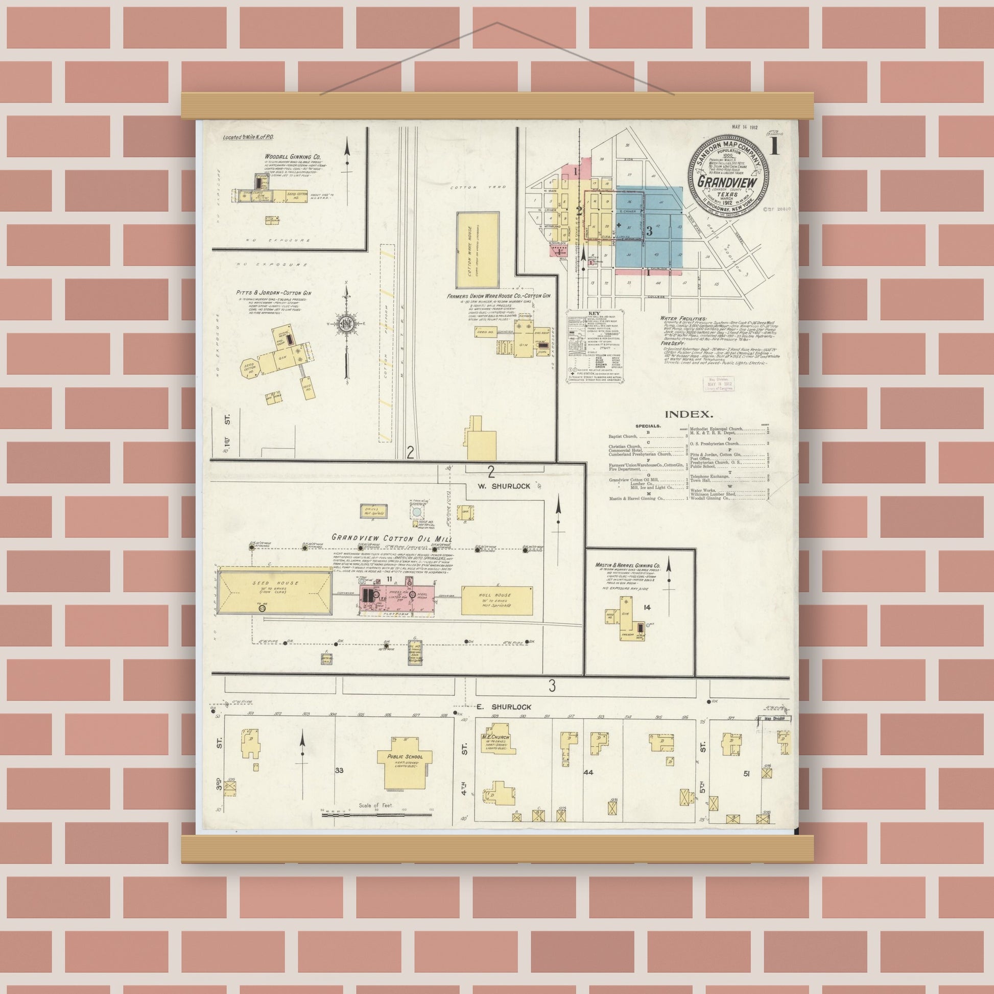 Old map wall art mockup — magnetic wood frame on brick wall — Sanborn Fire Insurance Map from Grandview, Johnson County, Texas (1912), Sheet #0001