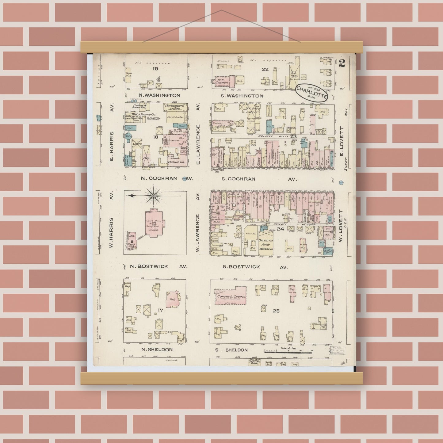 Old map wall art mockup — magnetic wood frame on brick wall — Sanborn Fire Insurance Map from Charlotte, Eaton County, Michigan (1886), Sheet #0002