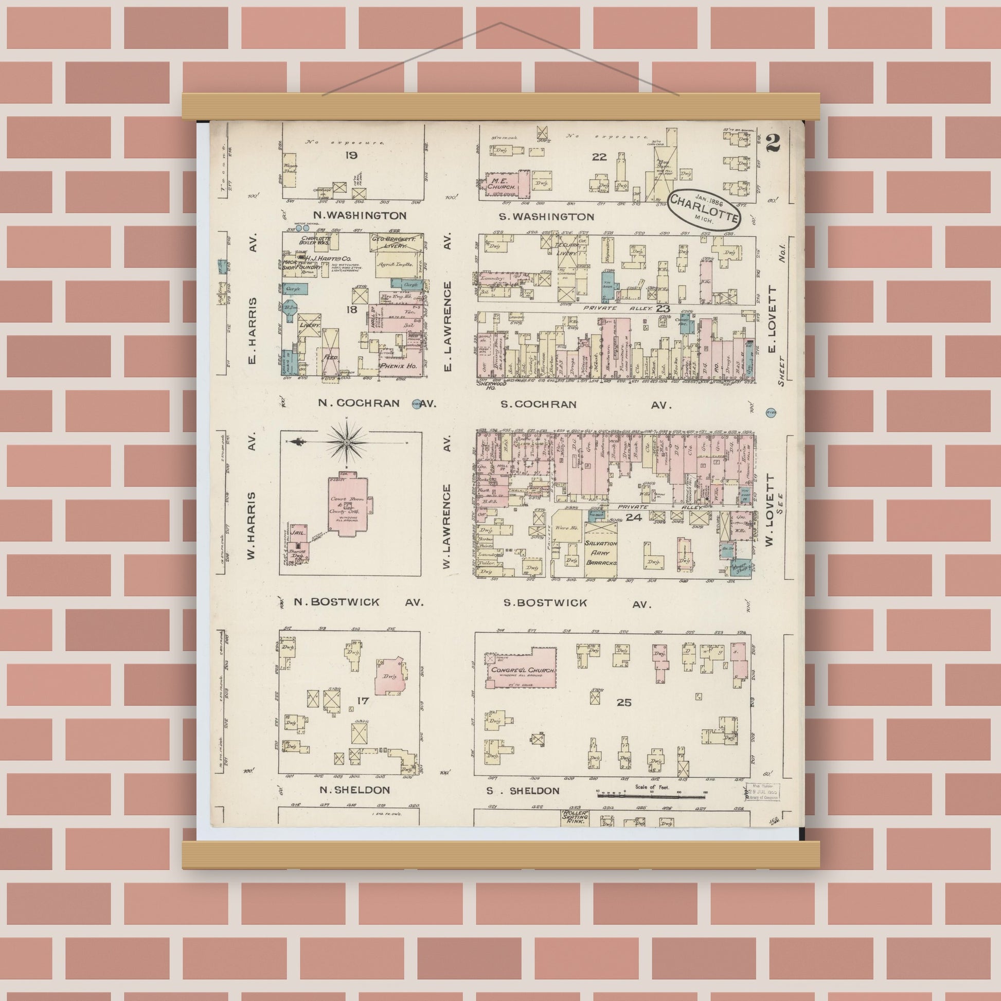 Old map wall art mockup — magnetic wood frame on brick wall — Sanborn Fire Insurance Map from Charlotte, Eaton County, Michigan (1886), Sheet #0002